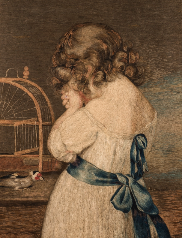 Girl Weeping Over a Starved Goldfinch, by Mary Linwood from a pastel by John Russell, 1790s. Leicester Museum & Art Gallery